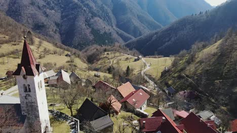 Picturesque mountain village in Slovenia’s Rut valley during bright spring day