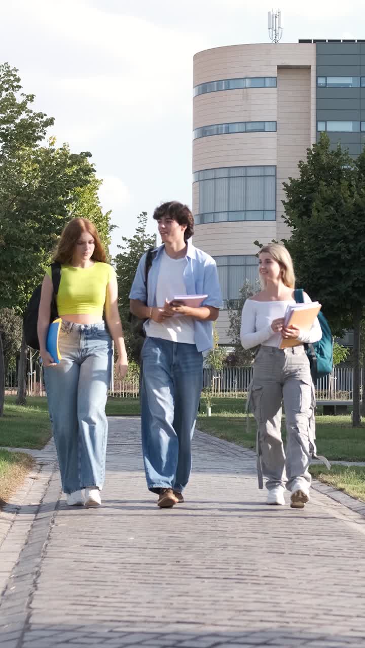 Engaging students walking and conversing together on a vibrant college campus