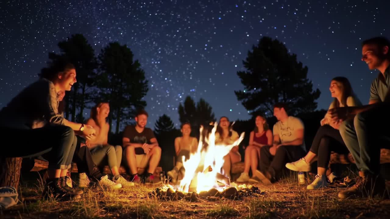 Friends Gather Around a Campfire Under a Starry Sky in the Forest During a Summer Night