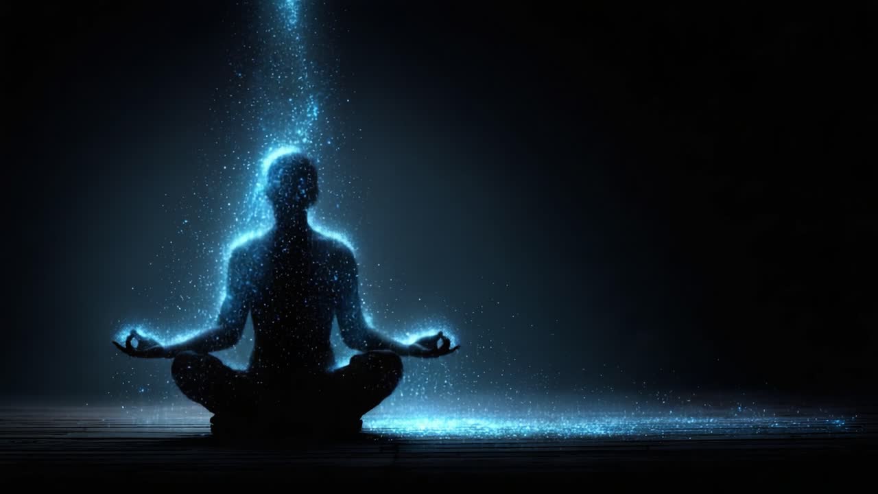 Un'esplorazione serena della pace interiore e della connettività cosmica: il viaggio trascendente attraverso meditazione ed energia in un'atmosfera mistica.