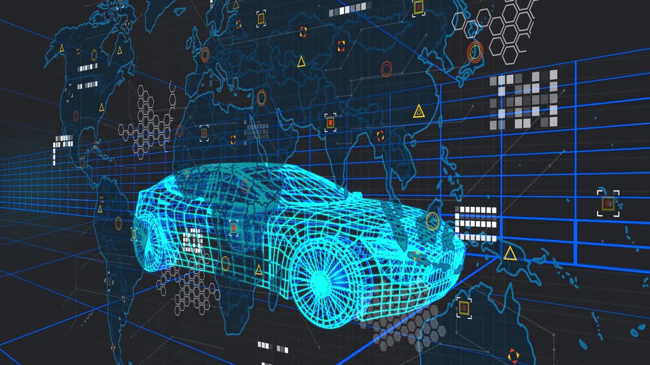Holograma de coche en wireframe girando con una actualización de datos, HUD y mapa moviéndose en paralaje para mostrar la conectividad de red.