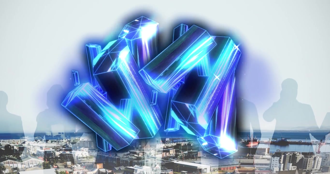 Animation of blue crystals over cityscape