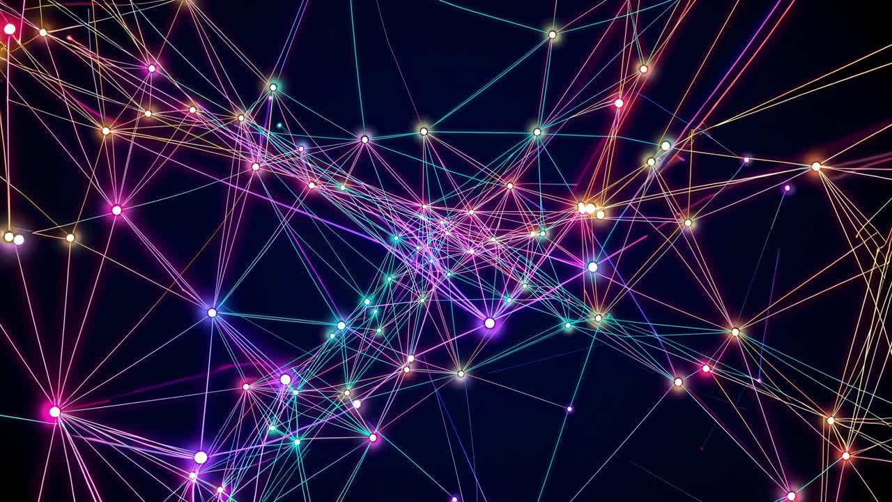 red colorida cambiando y evolucionando en un fondo oscuro, con líneas que conectan diferentes nodos, creando una estructura dinámica y compleja