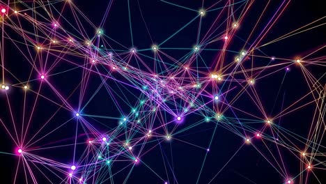 red colorida cambiando y evolucionando en un fondo oscuro, con líneas que conectan diferentes nodos, creando una estructura dinámica y compleja