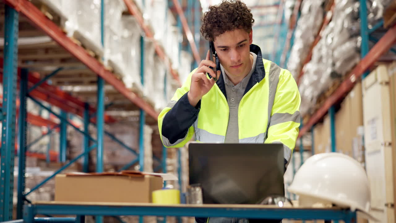 Worker in Warehouse on Phone with Laptop and Boxes