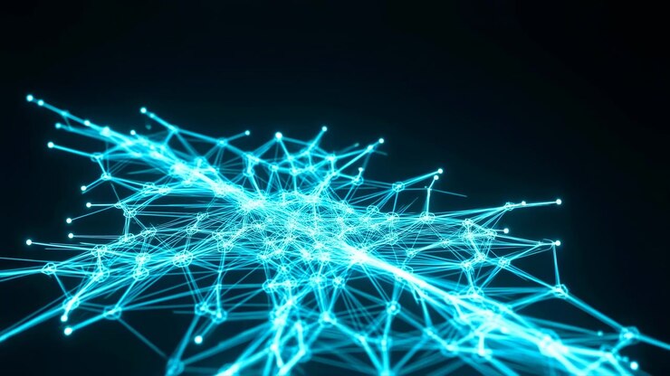 Bright cyan connected lines and nodes form an abstract web across a dark background, creating a futuristic technology pattern with depth, motion, and luminous