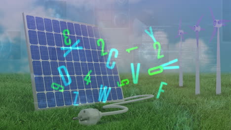 animación del procesamiento de datos y cartas sobre turbinas eólicas y paneles solares
