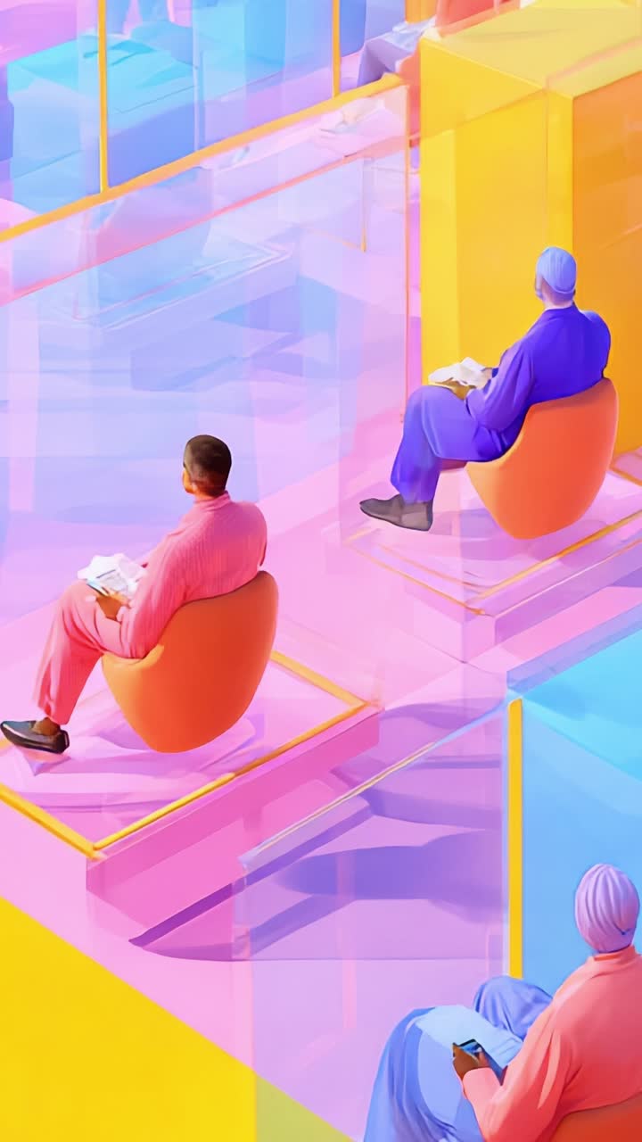 Two Frames Illustrating Individuals Seated in Colorful Chairs, Engaged in Reflection Amidst a Vibrant, Abstract Environment Filled with Soft Pastel Hues