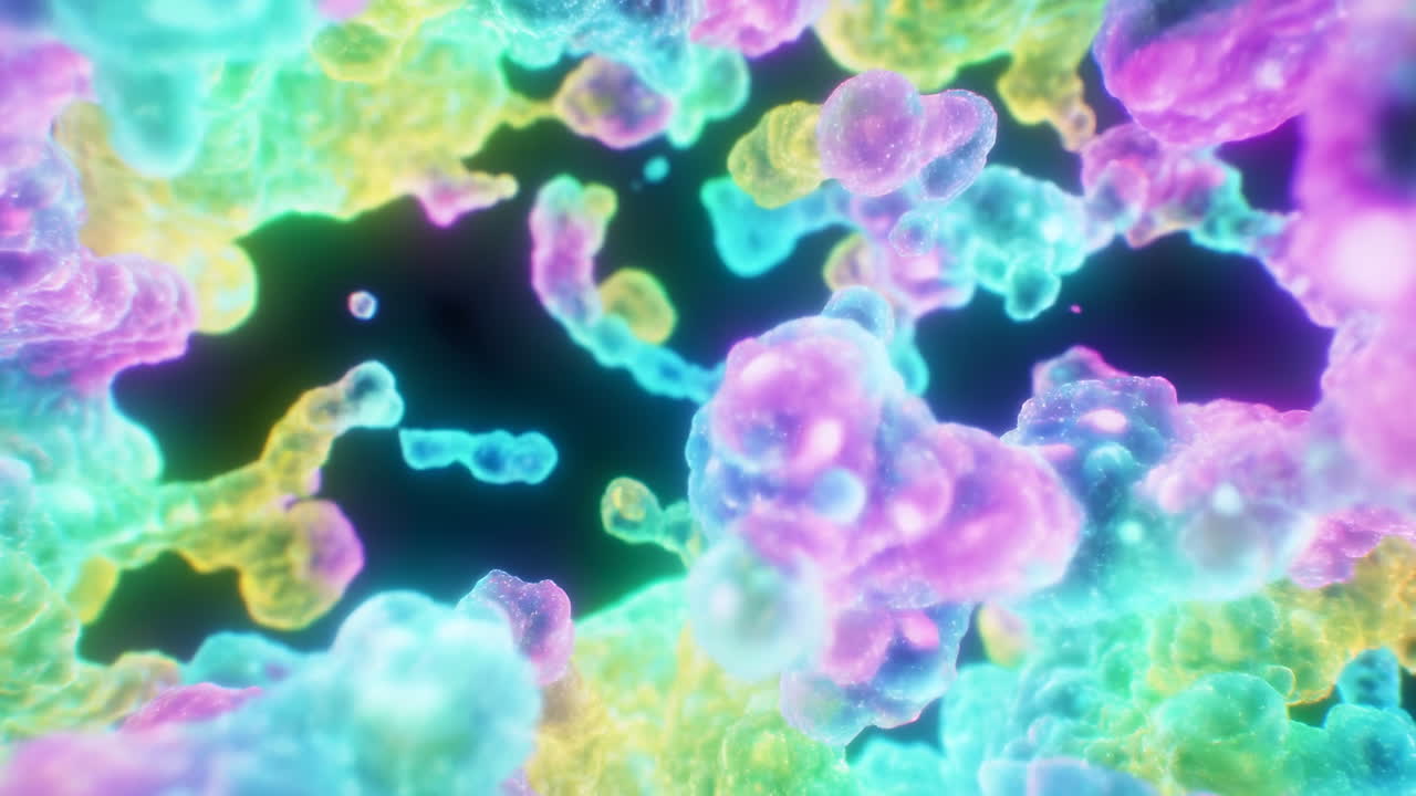 Nuvola molecolare microscopica al neon vibrante, strutture cellulari pastello fluttuanti e fluide con bagliore bioluminescente.