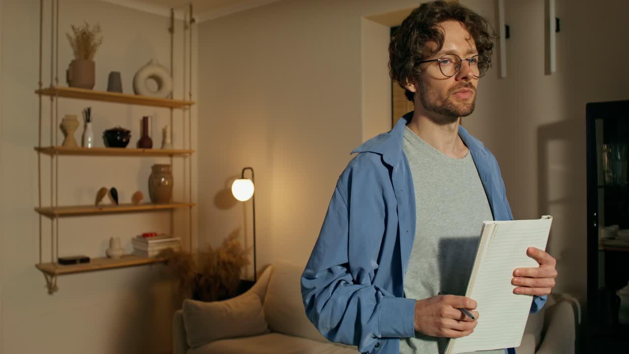 hombre escribiendo en un cuaderno en casa