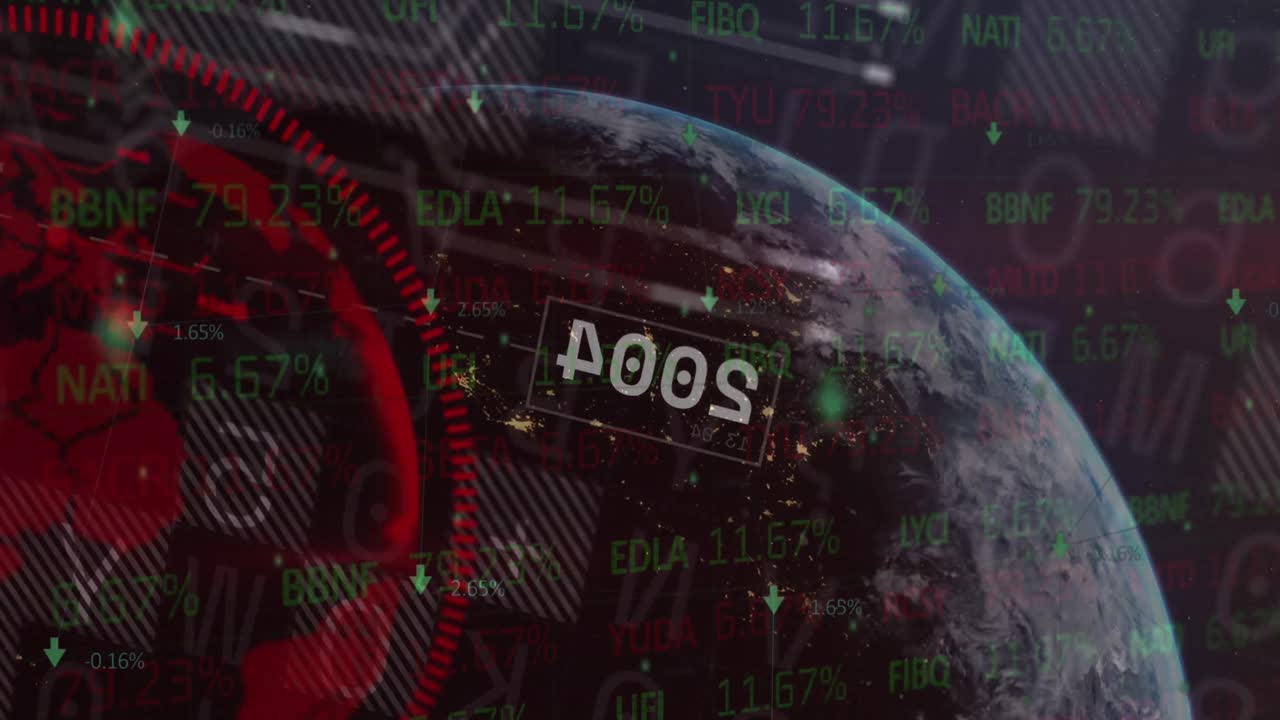 animación del procesamiento de datos financieros con globo terrestre sobre fondo negro.