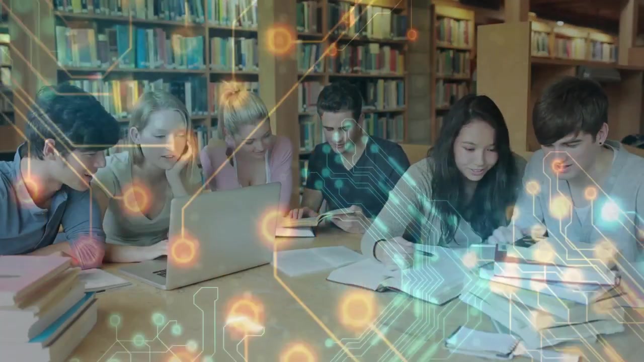 Six students opening textbooks and laptop in library, summoning animated lines guiding research