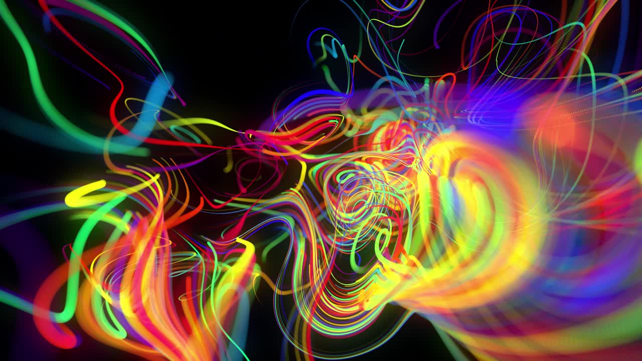 Abstract background flow of glow lines or light streaks. Running lights particles form in 3d space glowing beautiful curved lines like ball of wires burning with neon light. Beautiful creative bg.