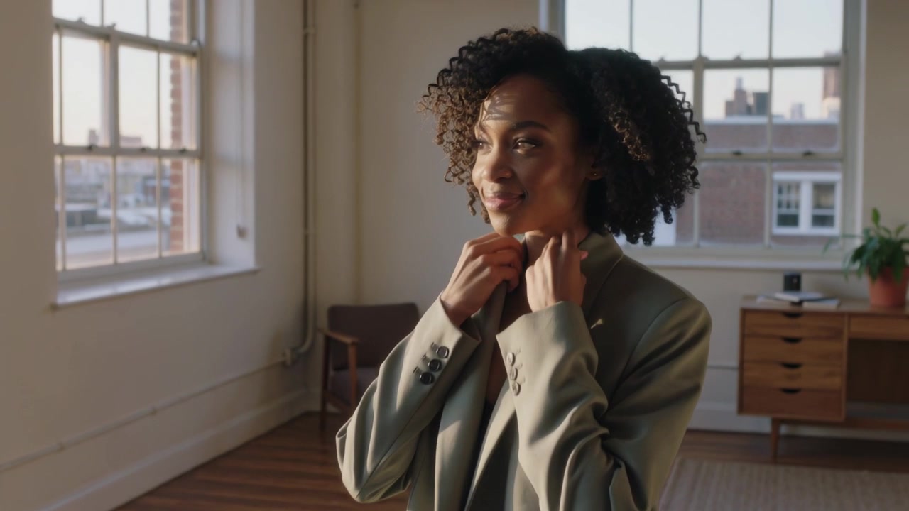 Adjusting woman drawing gaze left at paned window with sunlight streaming in loft, smoothing blazer