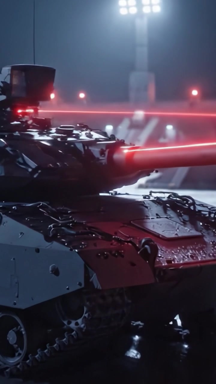 A High-Tech Battle Tank Maneuvers Across a Futuristic Military Base at Night, Highlighting Its Advanced Features and Stealthy Design for Modern Warfare Readiness