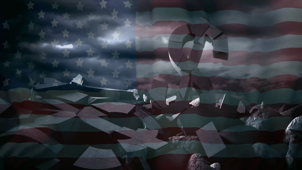 American flag animation over stormy landscape with broken structures and debris