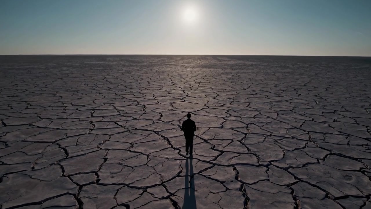 Figura solitaria camina por una vasta tierra agrietada hacia el sol