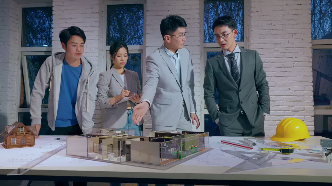 Team in a Brainstorming Session: Architects and designers working on house layout in office studio. Concept of war room, meeting teamwork and dashboard