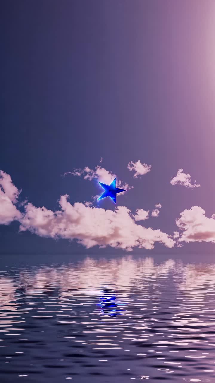 Una scena video surreale con una visuale dal basso di una stella che fluttua sopra una superficie d'acqua riflettente, ambientata