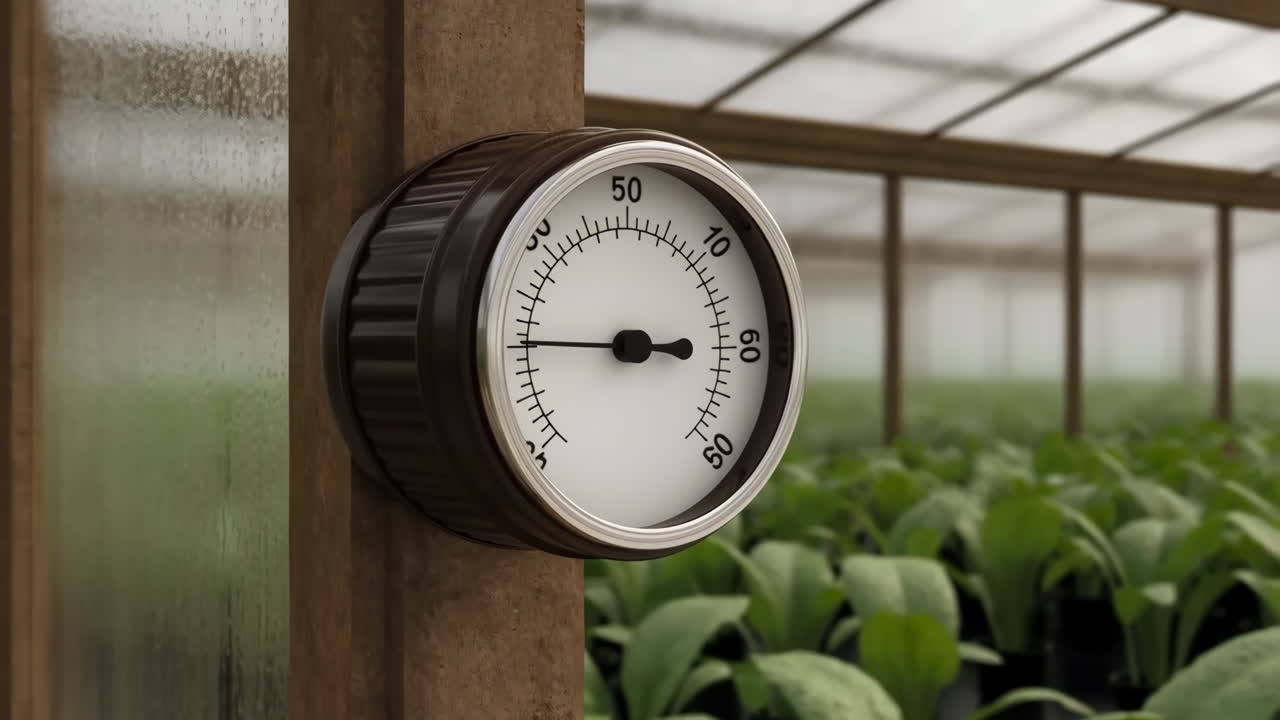 Thermometer inside a greenhouse with plants