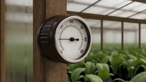 thermometer inside a greenhouse with plants