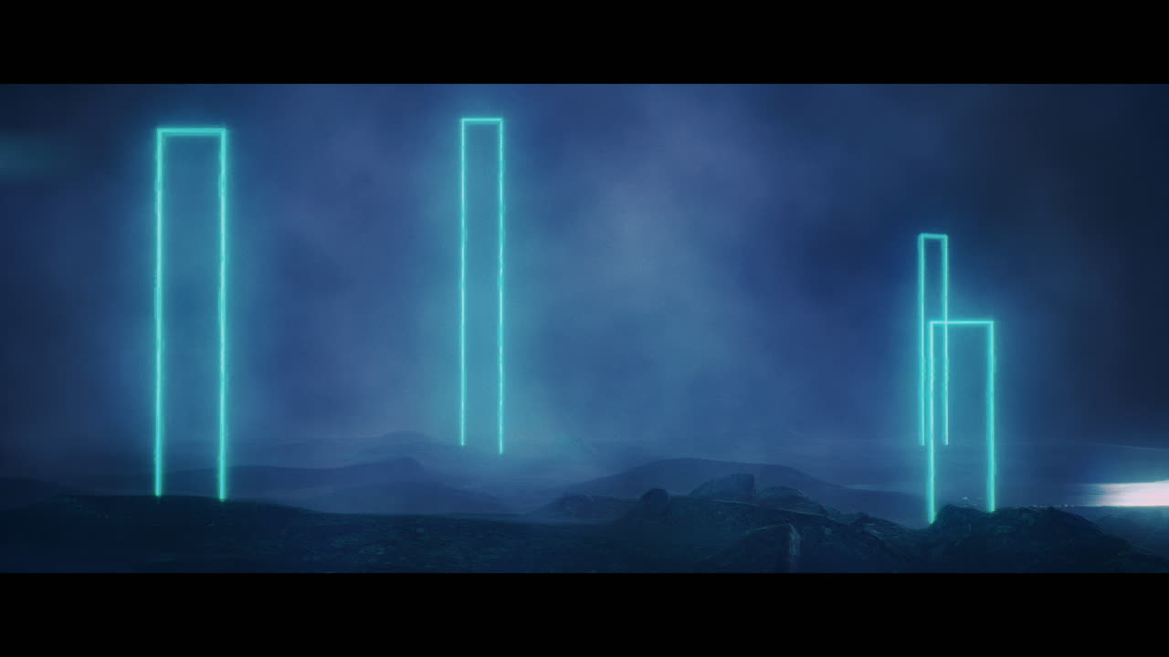 Rocky landscape with huge blue light portal structures