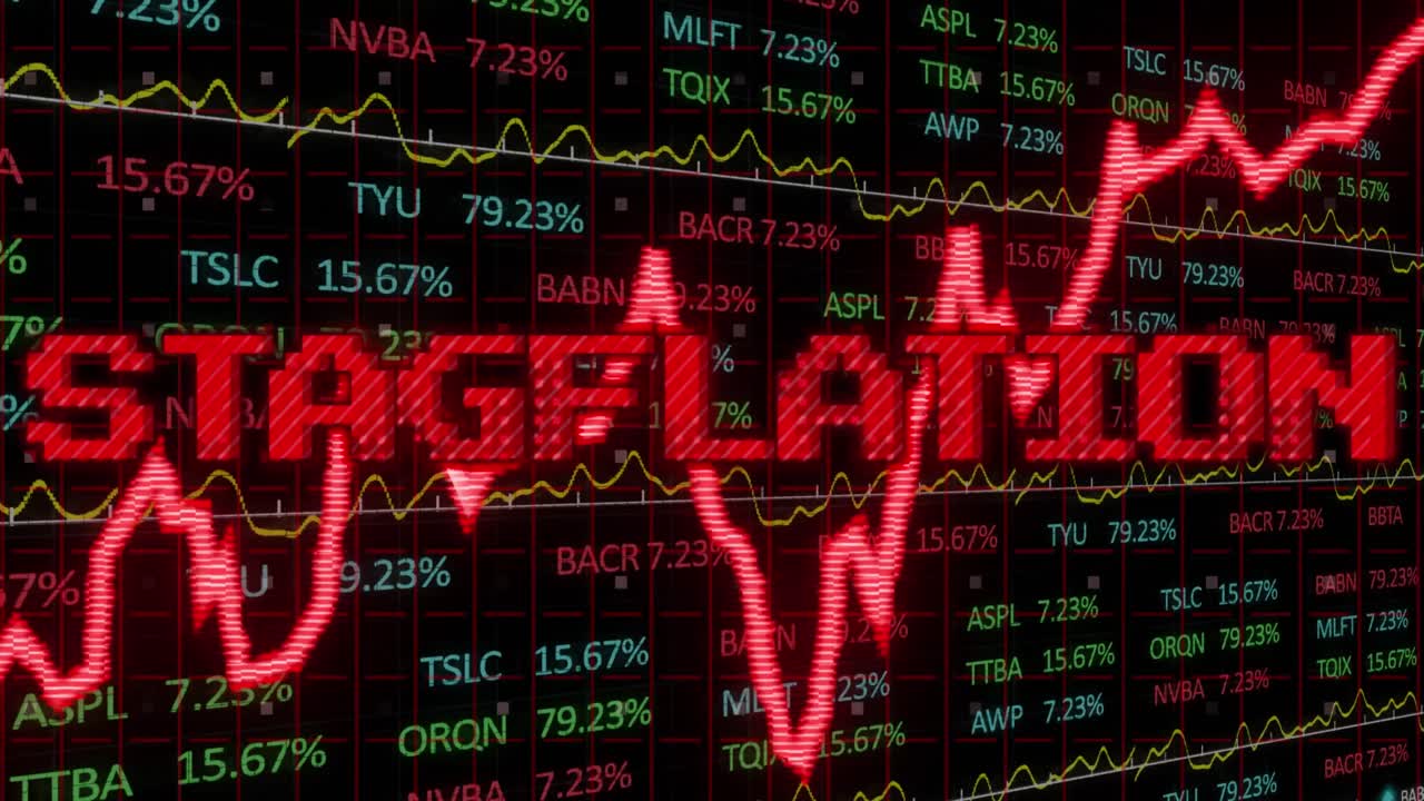 Animation of stagflation text in red over graph and financial data processing