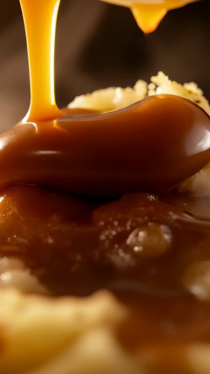 Vertikal video: Hvid saucekande hælder sovs over kartoffelmos på køkkenbordet