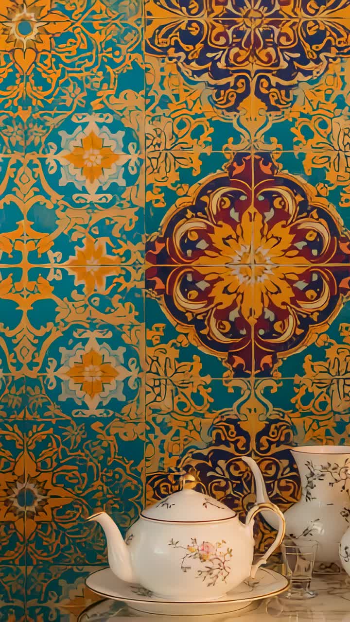 Vídeo vertical: cámara con movimiento panorámico que revela una tetera blanca y una jarrita en una estantería para mostrar azulejos, espacio para texto