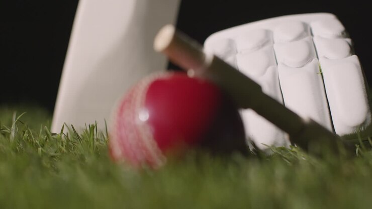 Natura morta di cricket con primo piano di mazza, palla, bails e guanti adagiati sull'erba 3.