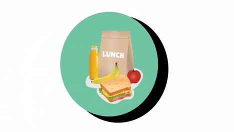animation of lunch box icon over green blue ciruclar banner against white background
