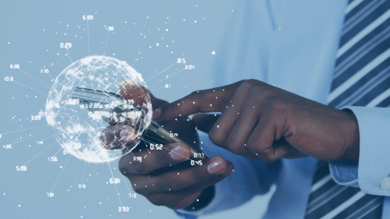 Animation of globe with connections over african american man using smartphone