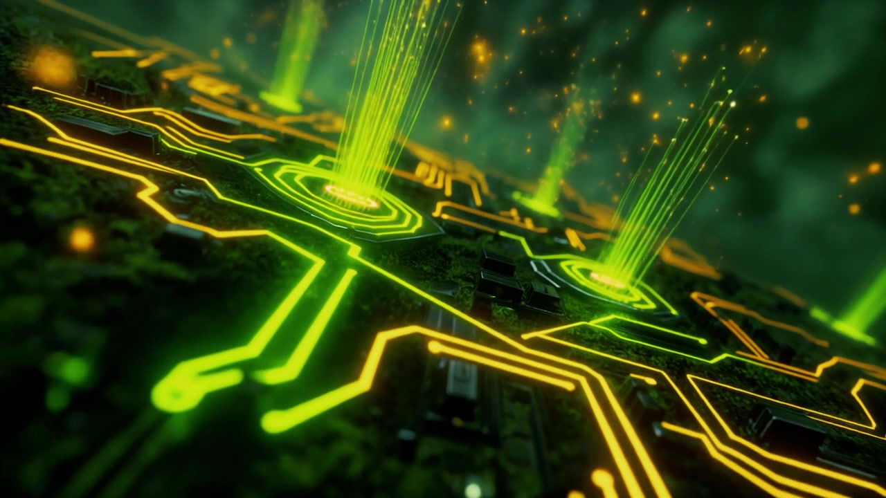 Digital Circuit Board with Glowing Data Streams and Energy Pulses