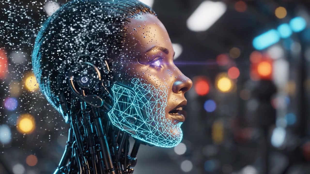 Un'entità cibernetica futuristica che mostra un design AI avanzato e dettagli intricati, evidenziando l'intersezione tra tecnologia ed emozioni umane nella robotica.