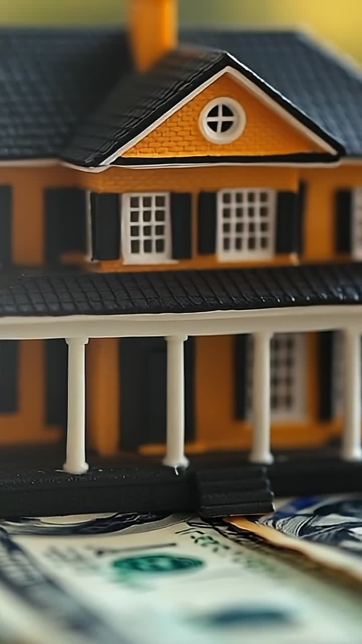 Miniature house model on money bills. A tiny house model rests on cash bills, emphasizing real estate investment and financial themes.