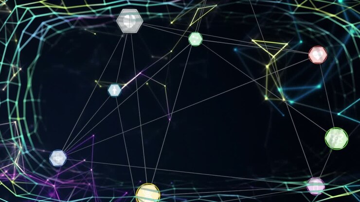 Animation of network of connections with icons over black background and constellations