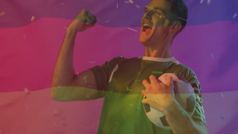 Animation-Von-Konfetti,-Das-über-Einen-Feiernden-Kaukasischen-Fußballspieler-Und-Die-Flagge-Deutschlands-Fällt