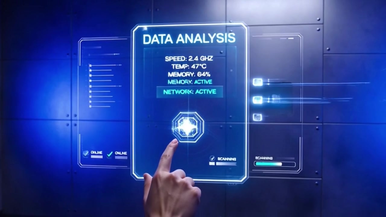 Persona con Interfaccia Olografica Futuristica per l'Analisi dei Dati.