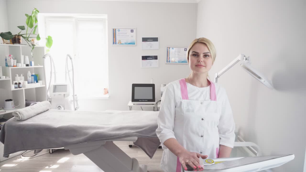 procedimiento de hardware en cosmetología. peeling, fonoforesis, masaje y estiramiento facial en una clínica de belleza. el cosmetólogo suaviza las arrugas con microcorrientes.