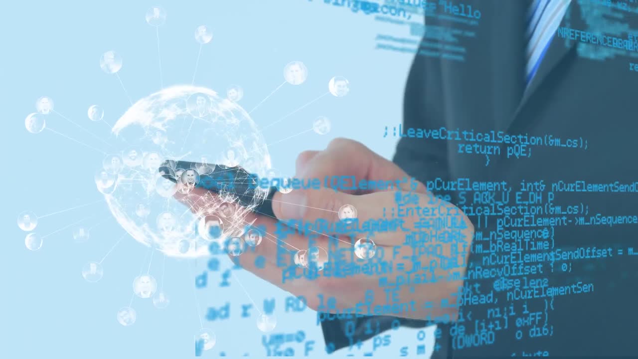 스마트폰을 사용하는 코카서스 사업가에 대한 지구의 애니메이션과 데이터 처리