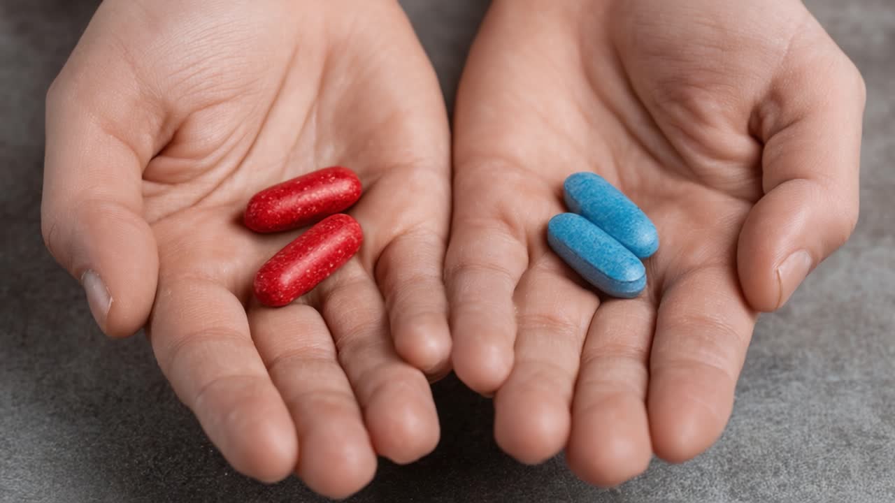 A Close-Up Look at Hands Holding Colorful Pills: Red and Blue Capsules Displayed in Pairs, Symbolizing Choices in Health and Wellness