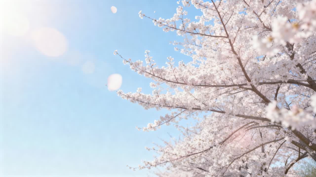 Swaying in breeze cherry branches showing pale blooms at park, petals drifting across sky with sun