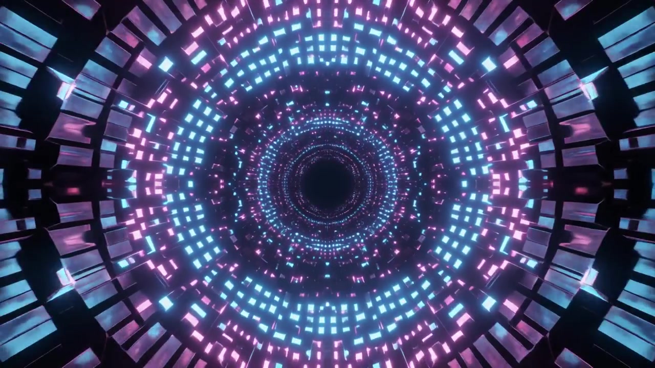 Abstract Tunnel al neon con forme geometriche luminose
