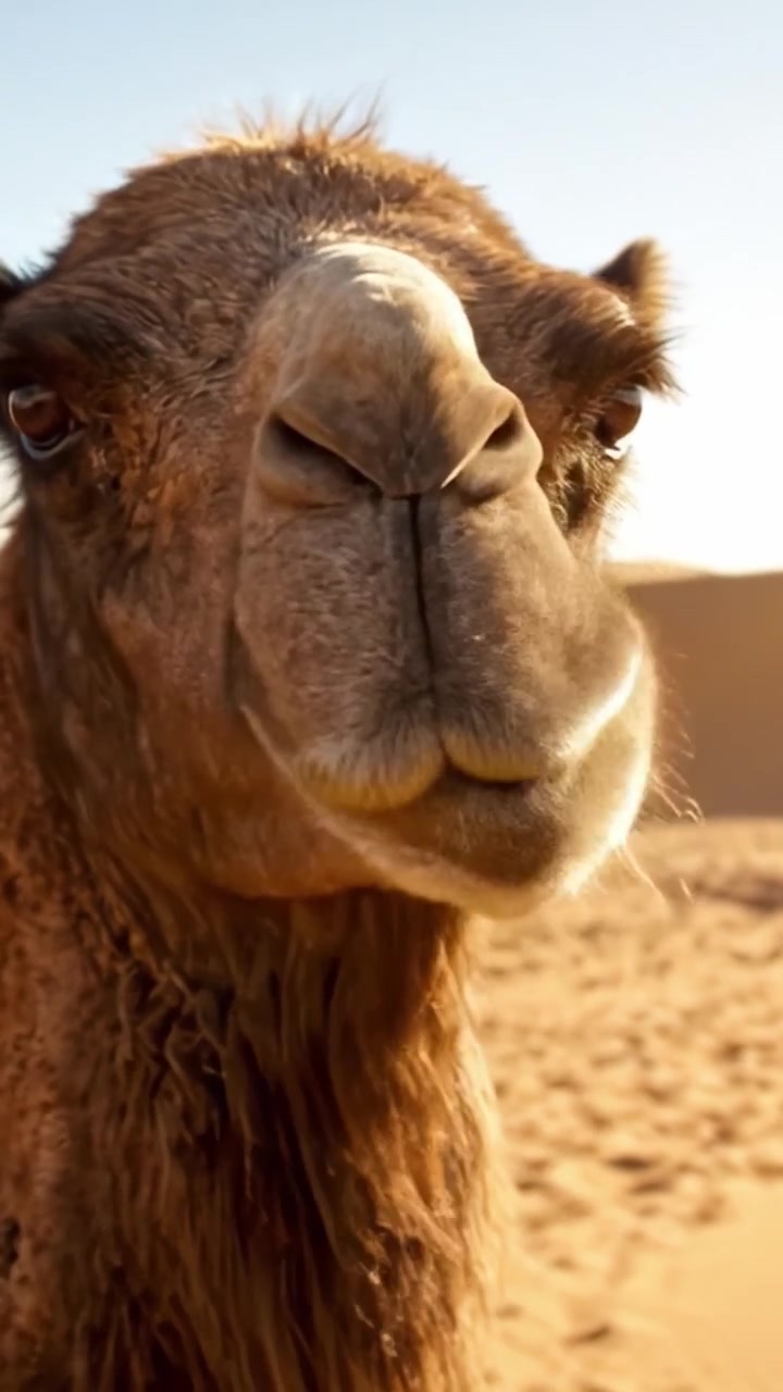 Cammello maestoso in un paesaggio desertico: un primo piano e una vista laterale di questo animale unico mentre bruca la vegetazione contro le sabbie dorate dell'ambiente arido.
