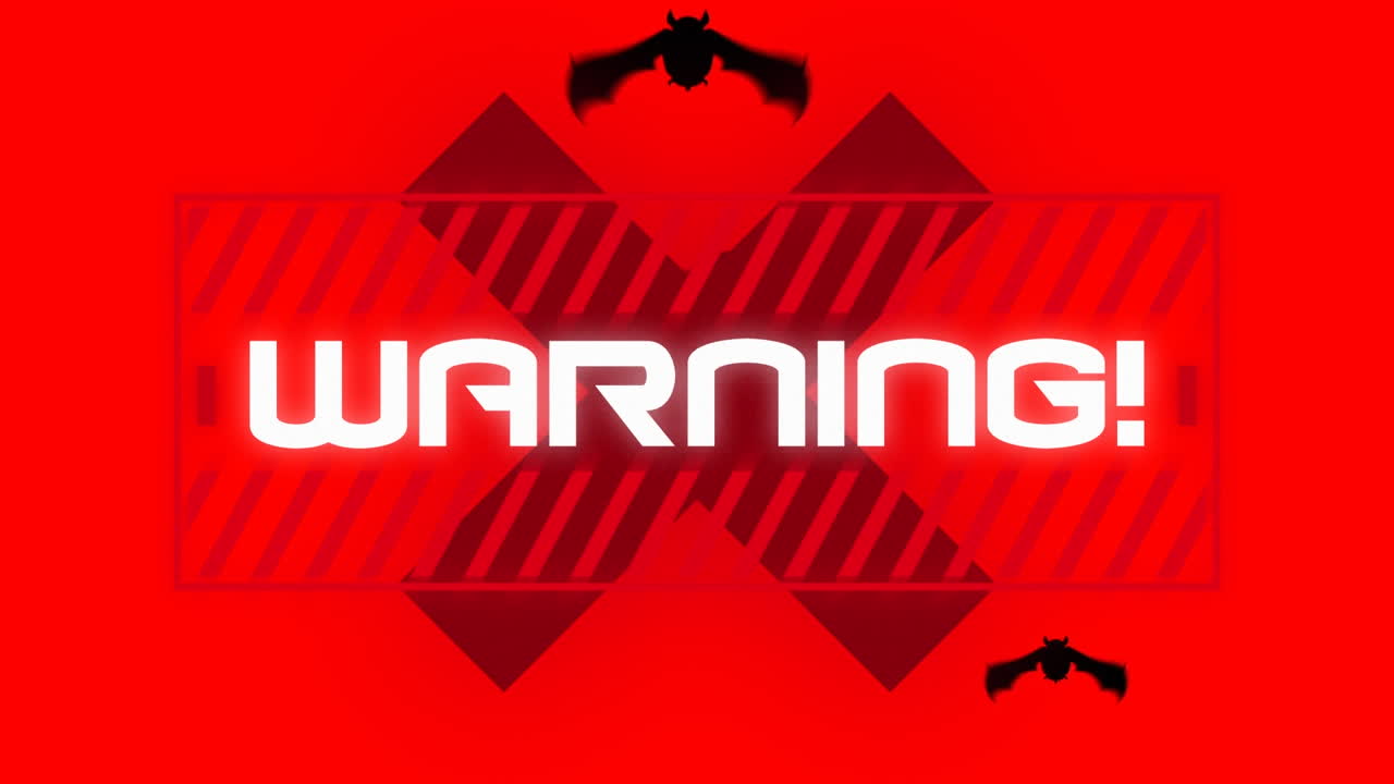 animación de advertencia de texto, sobre cruz roja y murciélagos, en rojo
