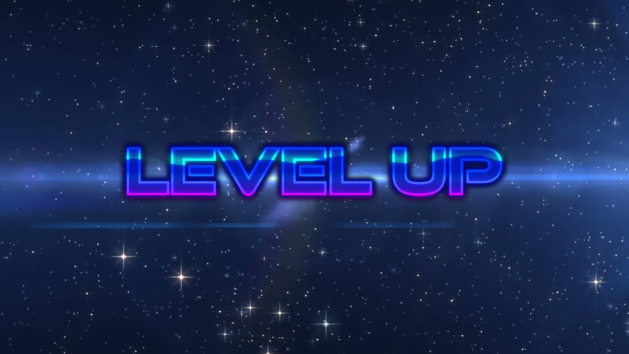 밤하늘의 별 위에 레벨 업 텍스트의 애니메이션