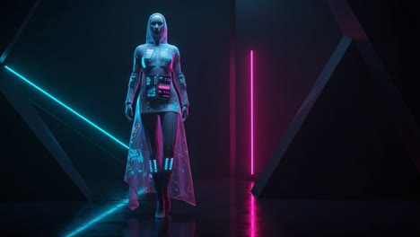 futuristic fashion: a stunning representation of cybernetic elegance with neon lights and high-tech designs displayed in a dark setting