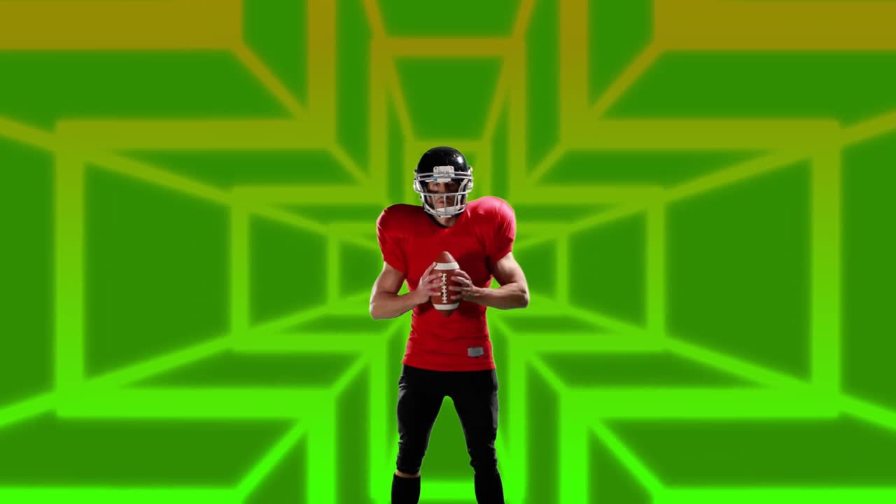 Animazione di un giocatore di football americano caucasico con il pallone su forme.