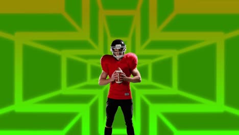 animation of caucasian male american football player with ball over shapes