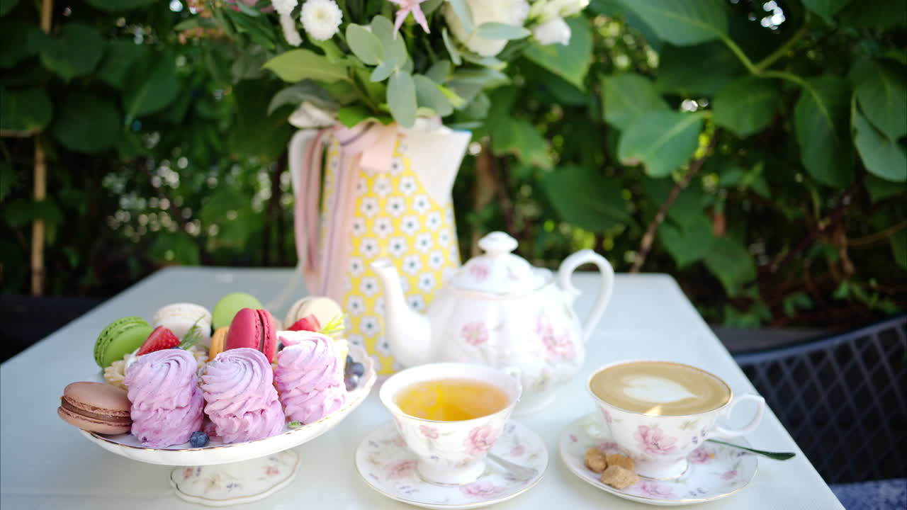 Composition with flowers, macaroons sweets desert and coffee and tea